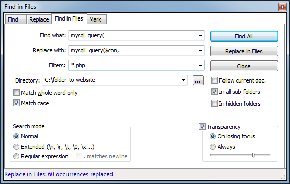 Suchen und Ersetzen von Notepad ++ Box