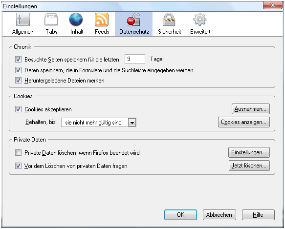 Einstellungen Cookies beim Firefox