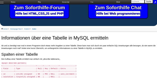 informationen ueber eine tabelle in mysqli ermittteln 